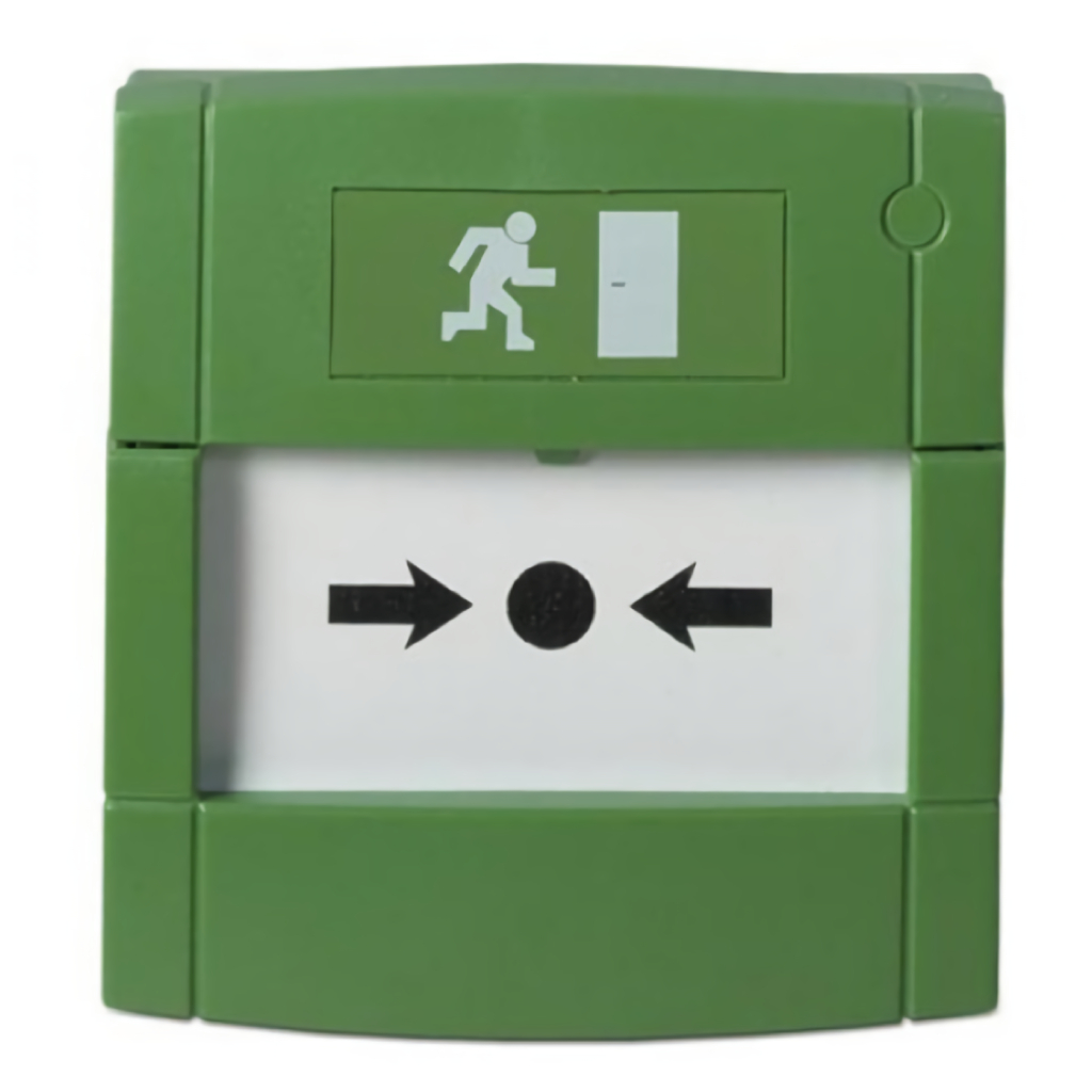 Pulsador de emergencia color verde de superficie. Incluye cristal DM715